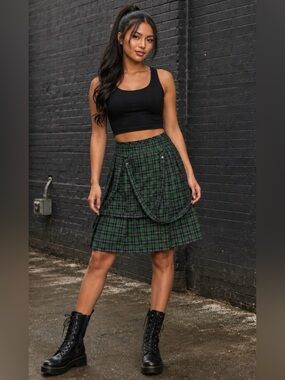 Lip Service Green Purple Plaid Pleated Bondage Skirt M Skull Goth Punk USA